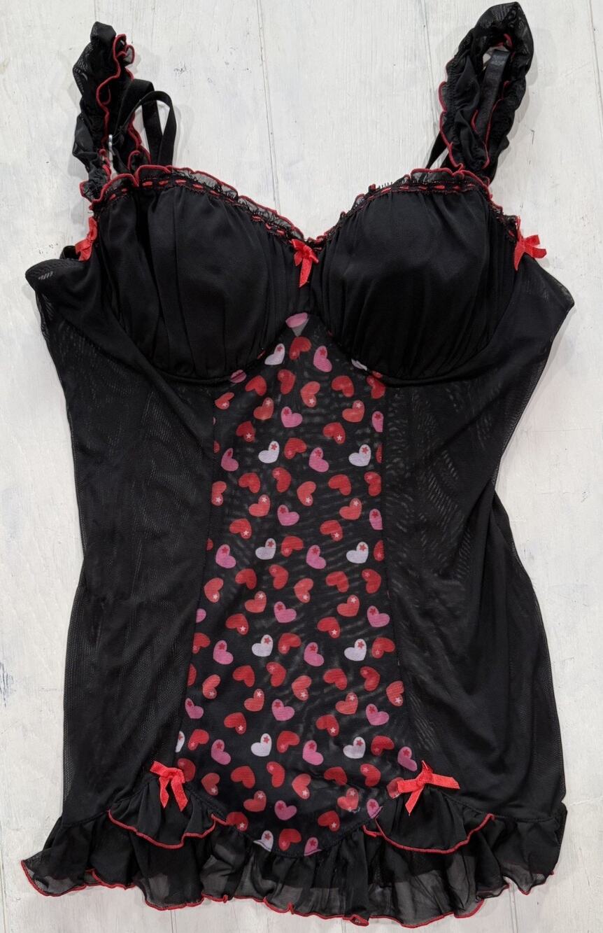 VTG RAMPAGE Y2K Sheer Black Hearts Mesh Babydoll Nightie Bra Pads 1X #Lolita